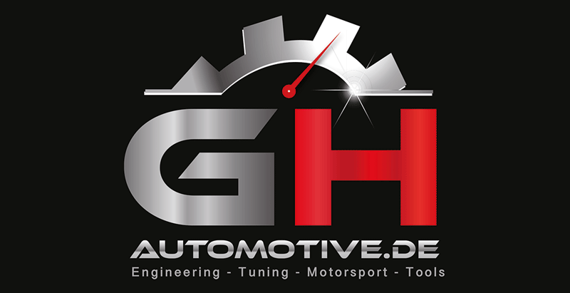 Automobil-Logo mit GH, Zahnrad, Geschwindigkeitsmesser und Fokus auf Engineering, Tuning und Motorsport.