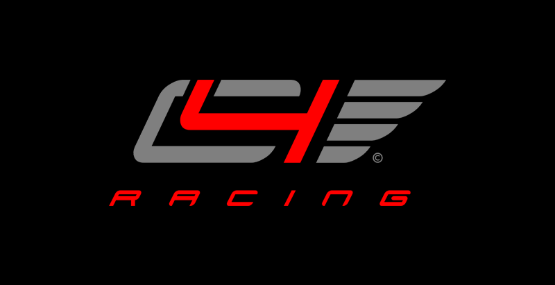 Logo der C4 Racing Marke mit modernem Design, rot und grau, Motorsport und Geschwindigkeit symbolisierend.