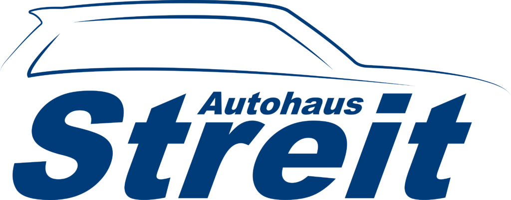 Autohaus Streit Logo mit stilisierter blauer Autosilhouette und modernen Schriftzügen.